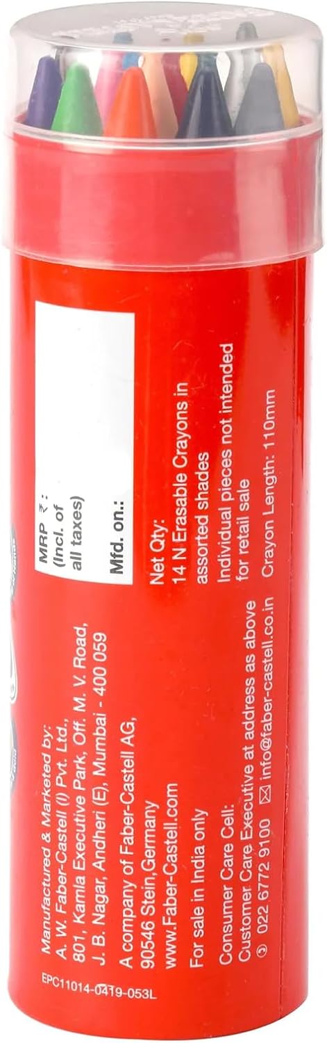 Faber-Castell Erasable Plastic Crayons – 14 Colors in Cylinder Tube