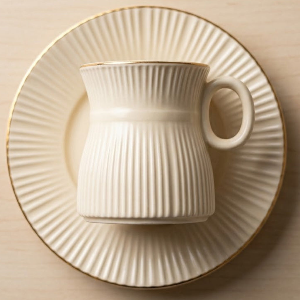 Hamid 12-Pcs Ceramic Cup & Saucer Set | 6 Cups + 6 Saucers | Light Cream with Gold Rim