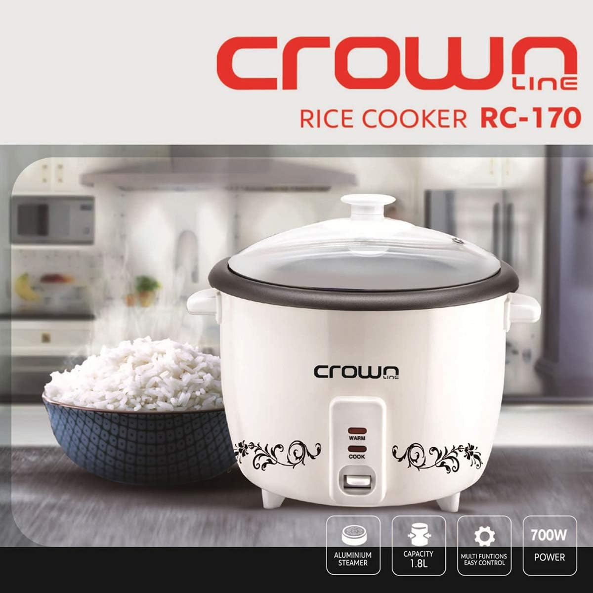 Crownline RC-170 Rice Cooker with Steamer – 1.8L, 700W