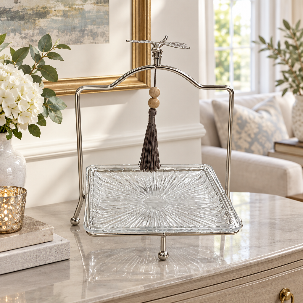 Glass Tray with Silver-Tone Metal Stand - 18×23cm