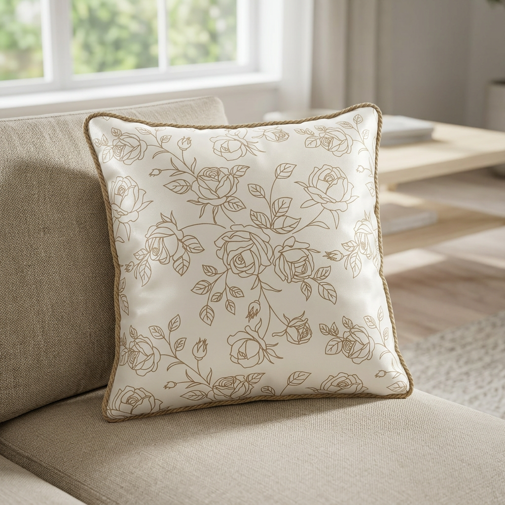 Square Rose Floral Cushion  Ivory & Beige  – 43×43cm