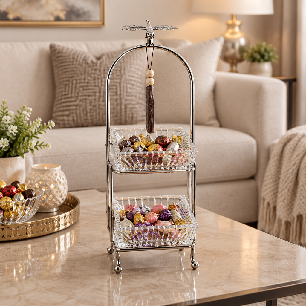 2-Tier Glass Candy Bowl with Silver-Tone Metal Stand - 12×33cm