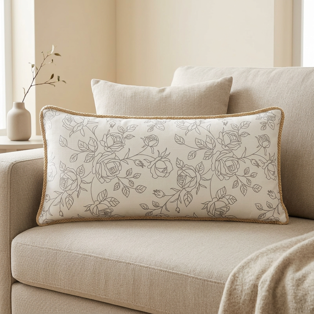 Rectangular Rose Print Cushion - Ivory & Grey – 30×70cm