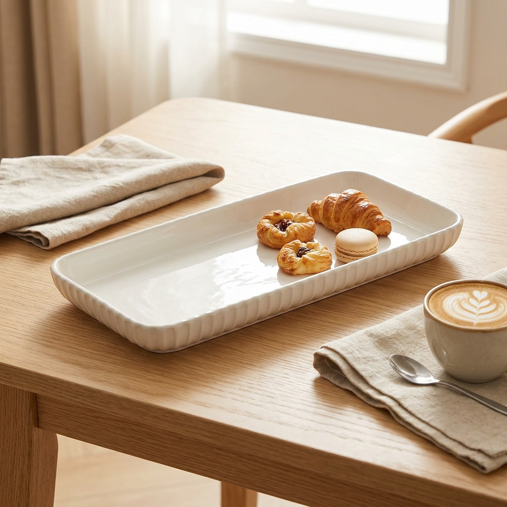Ceramic Rectangular Tray with Textured Sides White  – 13×30cm