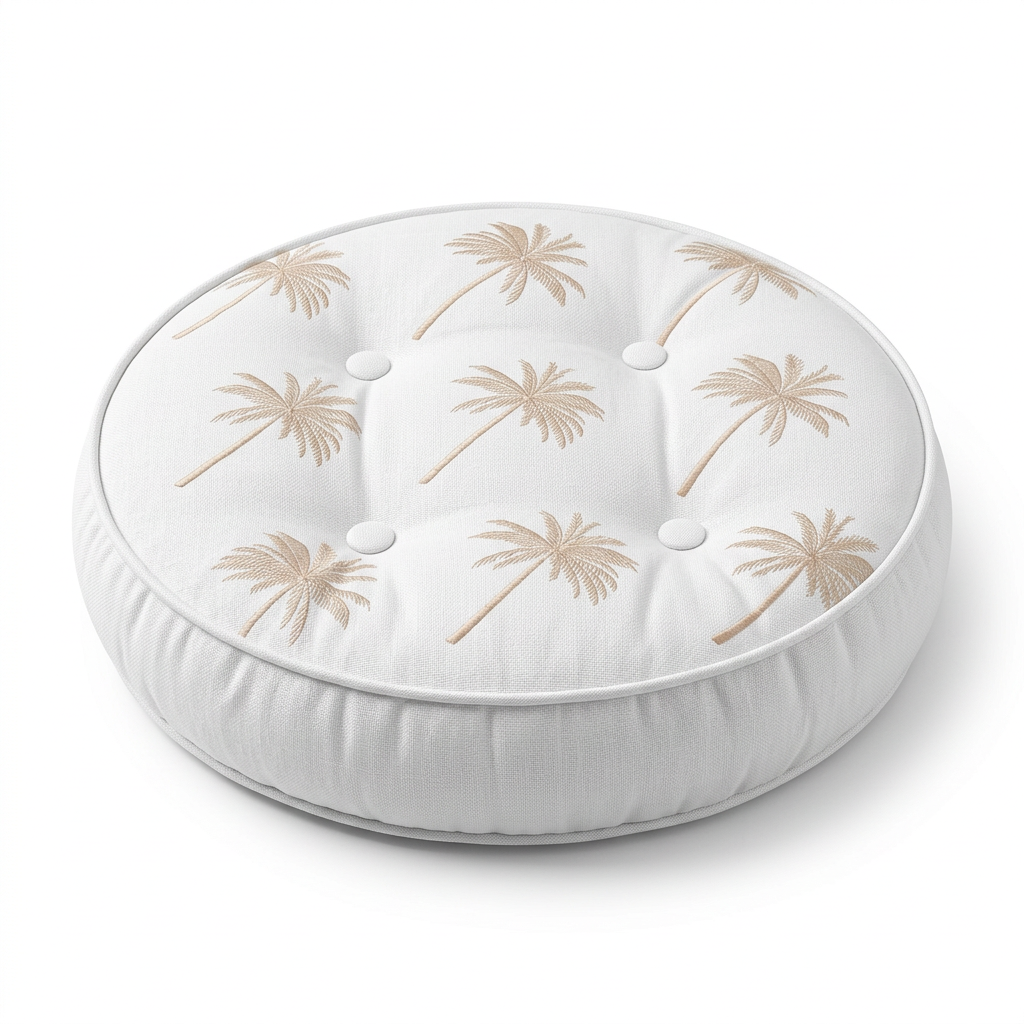 Round Tufted Cushion with Palm Tree Design White & Beige - 40cm