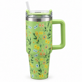 Floral Stainless Steel Water Bottle with Straw & Handle Light Green - 1 Litre