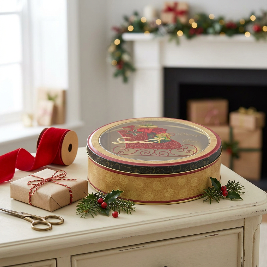 Round Metal Christmas Candy Box with Clear Plastic Lid - 17cm