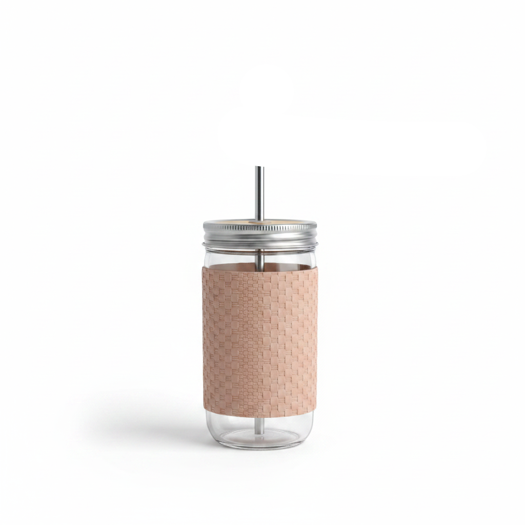 Glass Bottle with Straw Beige - 410ml