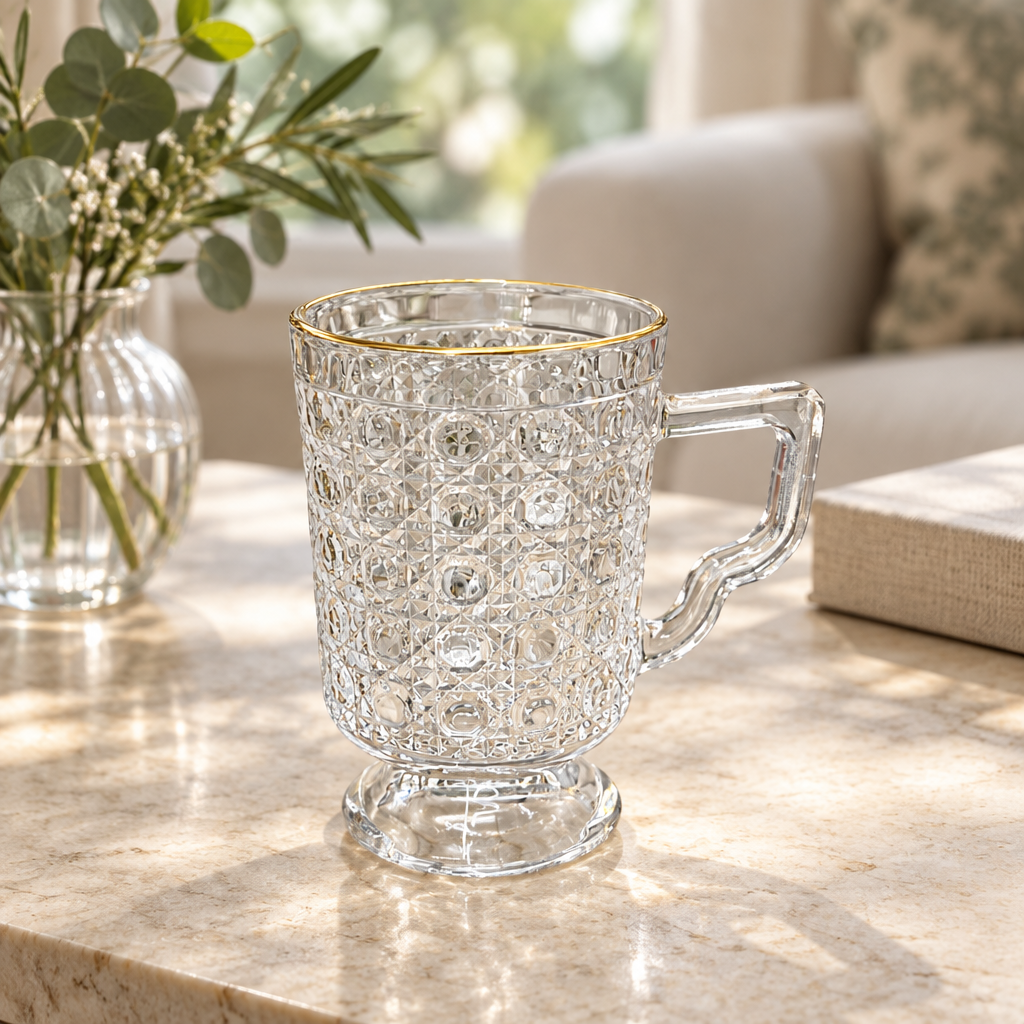 Textured Glass Mug with Gold-Colored Rim - 240ml