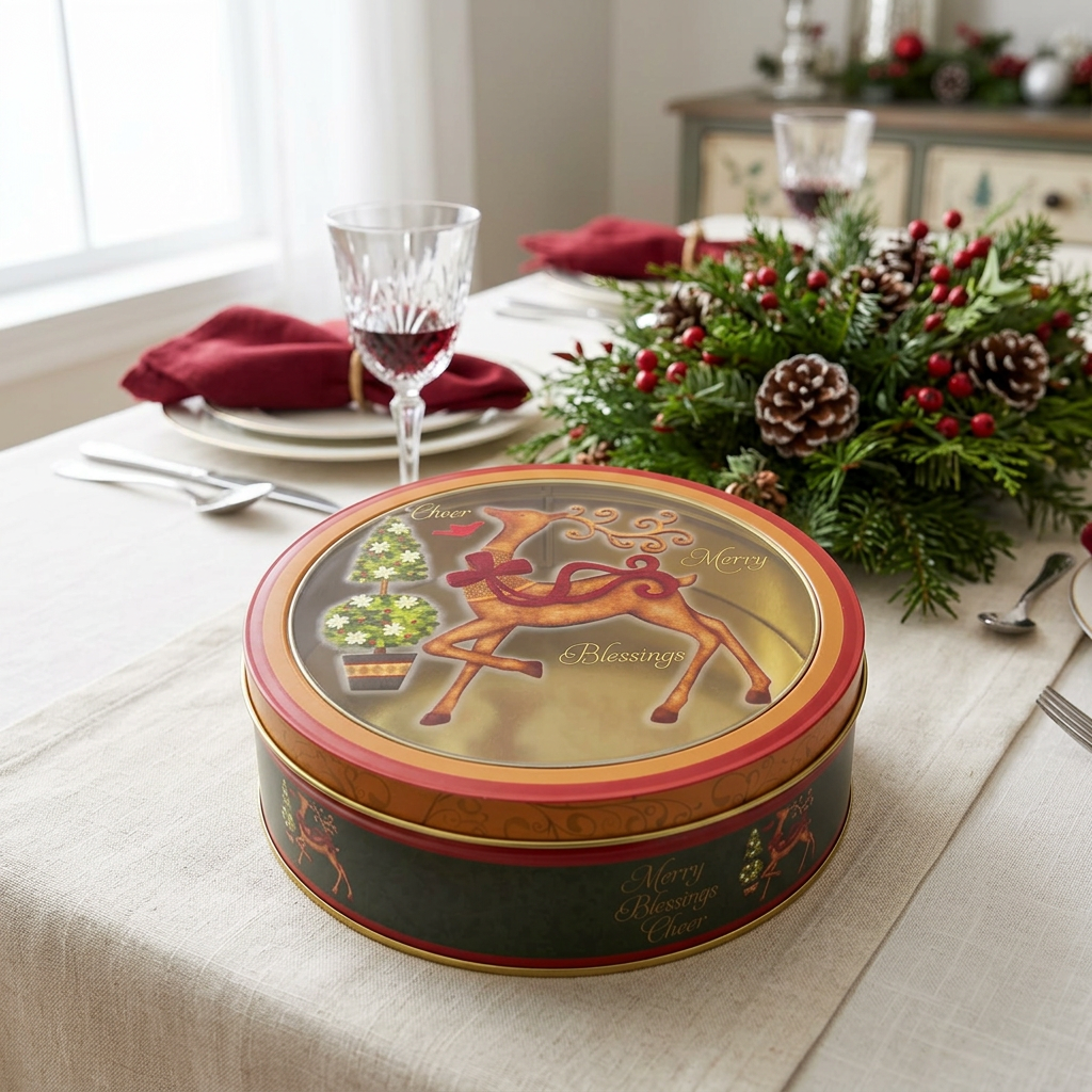 Round Metal Christmas Candy Box with Plastic Lid - 20cm