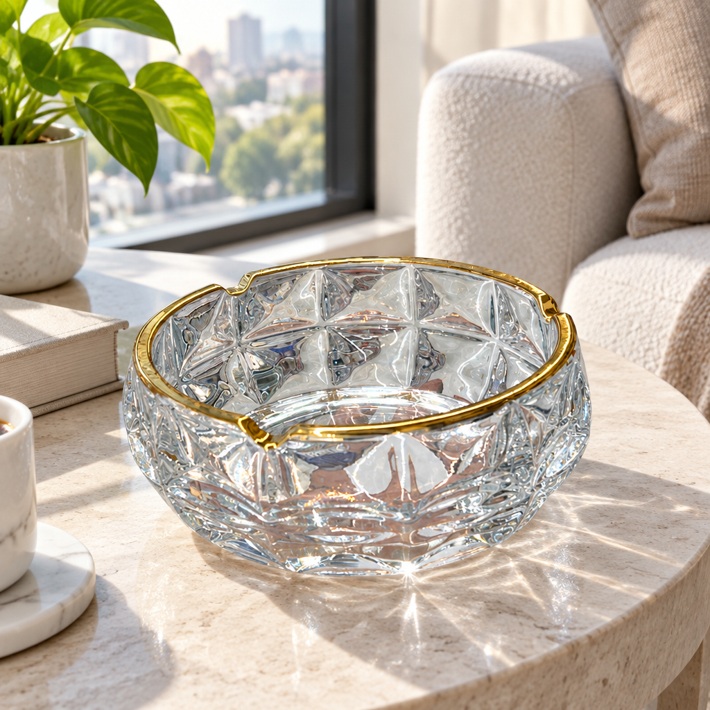 Diamond Glass Ashtray with Golden Rim - 15cm