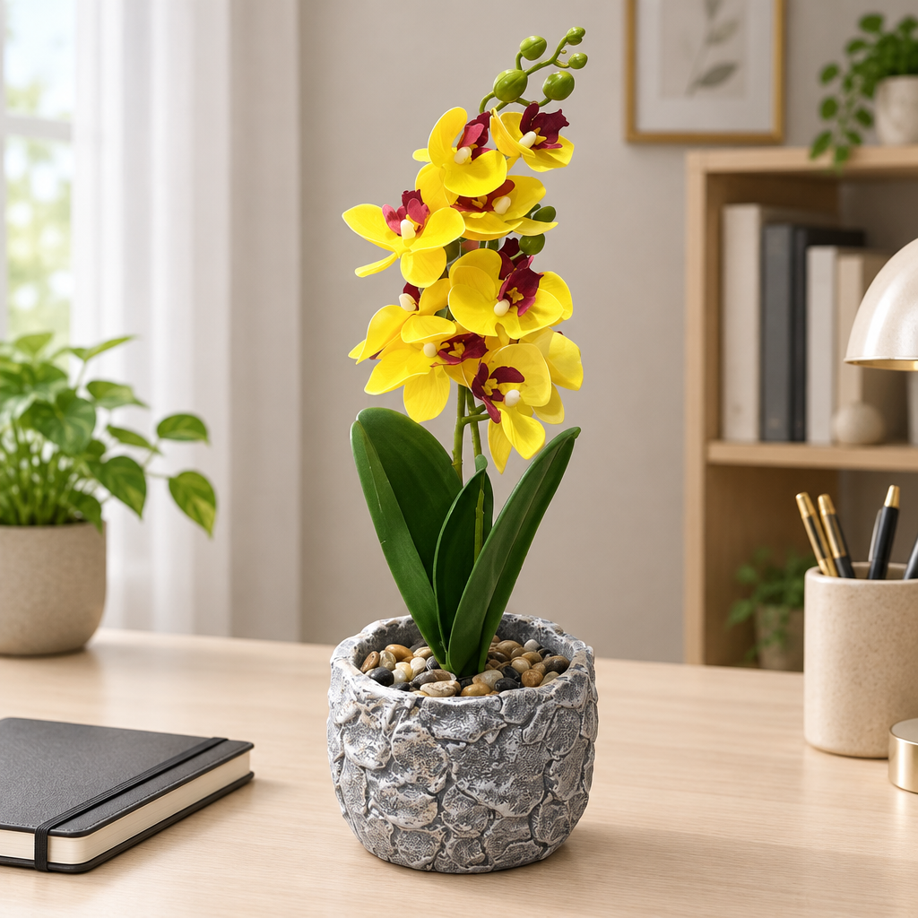 Artificial Orchid Flower Plant with Ceramic Pot Yellow – 40cm