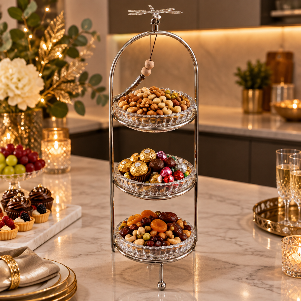 3-Tier Glass Candy Bowl with Silver Metal Stand - 12×45cm