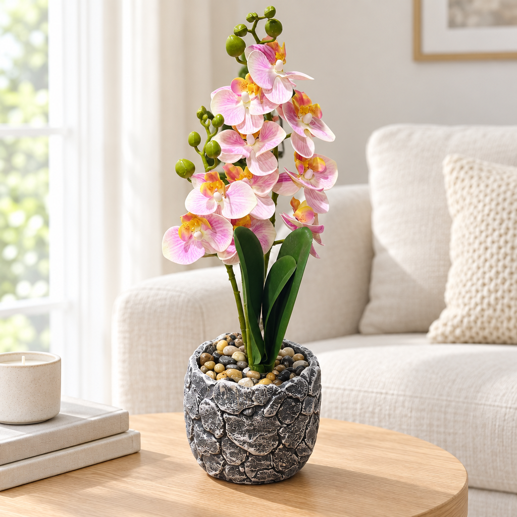 Artificial Orchid Flower Plant with Ceramic Pot Light Pink – 40cm
