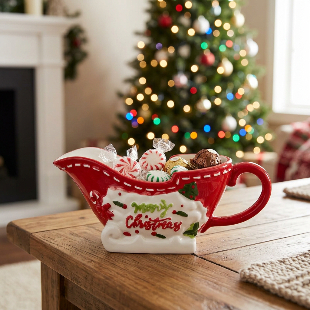 Ceramic Christmas Candy Boat with Handle - 19×10cm