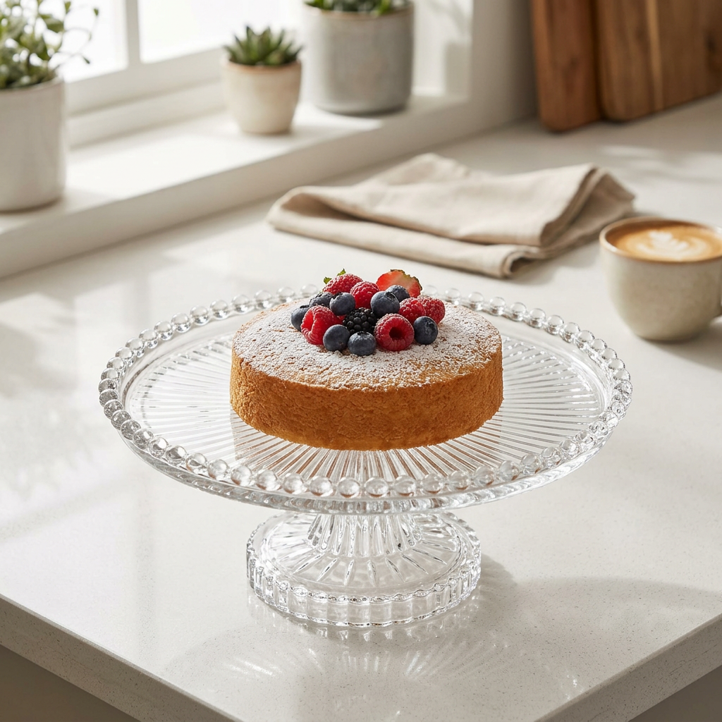 Delisoga Glass Footed Cake Plate with Beaded Rim – 20cm