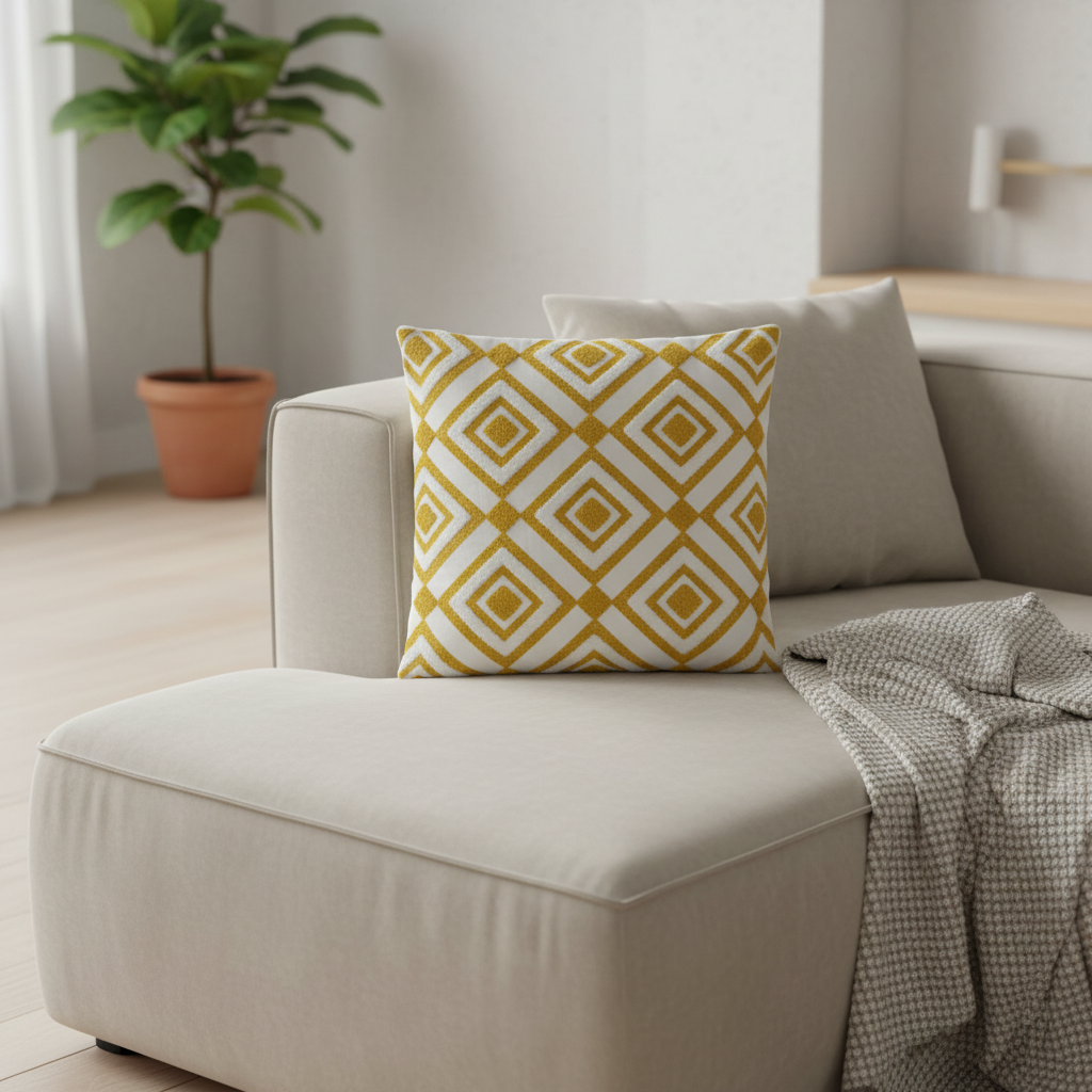 Tufted Geometric Cushion  Mustard Gold & White - 40cm