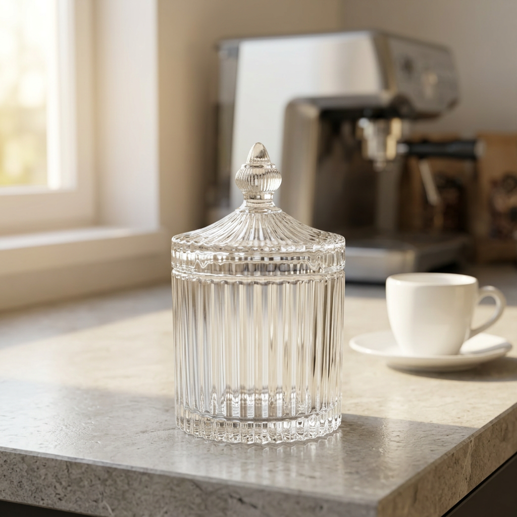 Ribbed Glass Sugar Pot with Decorative Lid – 8×10cm