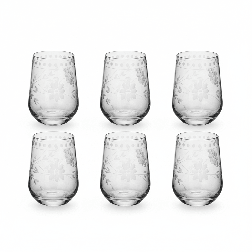 6PCS Clear Etched Floral Glass Tumbler Set – 10.5×8 cm - Al Kabayel Discount Centre6PCS Clear Etched Floral Glass Tumbler Set – 10.5×8 cmDrinkware SetsAKDCAl Kabayel Discount Centre