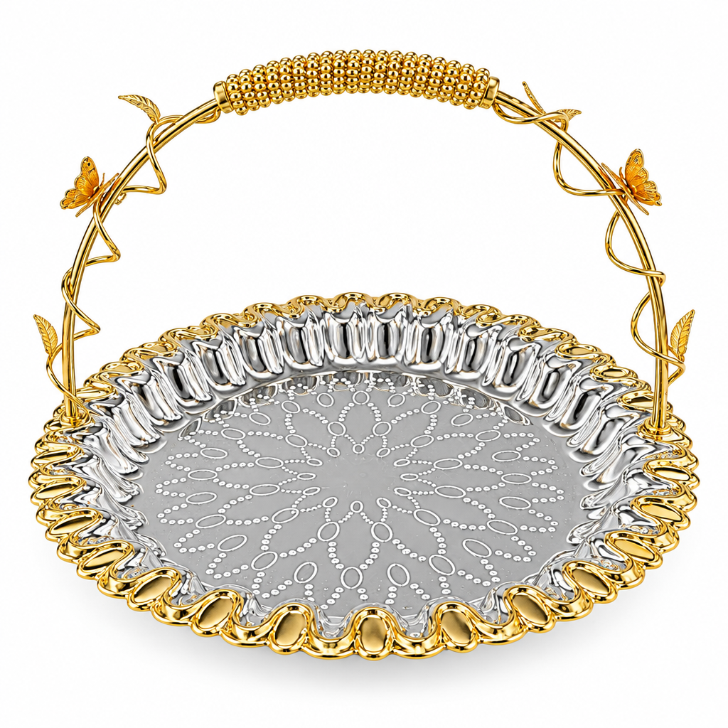 Germax Stainless Steel Round Serving Tray with Handle Silver & Gold - 30cm