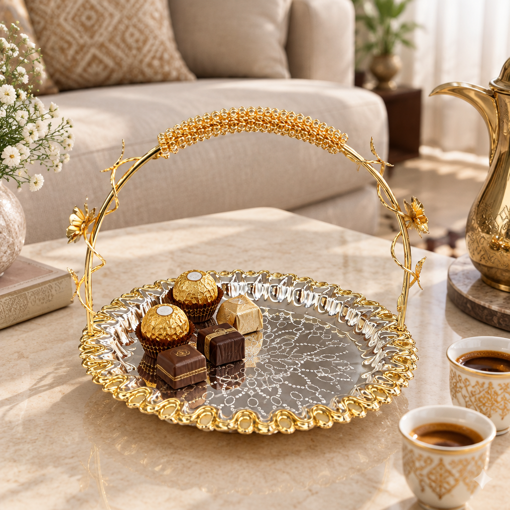 Germax Stainless Steel Round Serving Tray with Handle Silver & Gold - 24cm