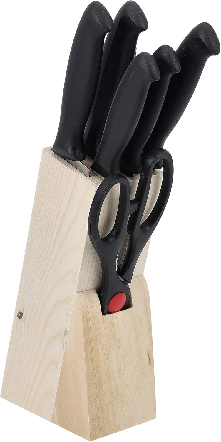 ROYALFORD 8pcs Kitchen Knives Set(3" Paring Knife, 4.8" Utility Knife, 7" Slicer Knife, 7" Bread Knife, 7" Chef Knife, 6.5" Sharpener, Kitchen Scissors 213mm*70mm, Pine Wood Knife Holder 65mm*110mm*205mm), Extra-Sharp Stainless Steel Blades and PP Handles