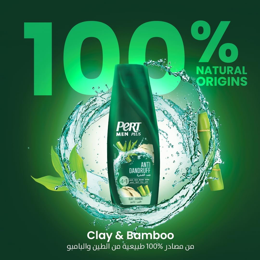 Pert Plus Men, Anti-Dandruf Shampoo with Clay & Bamboo, 4in1 for Hair, Face, Beard and Body, 360ml