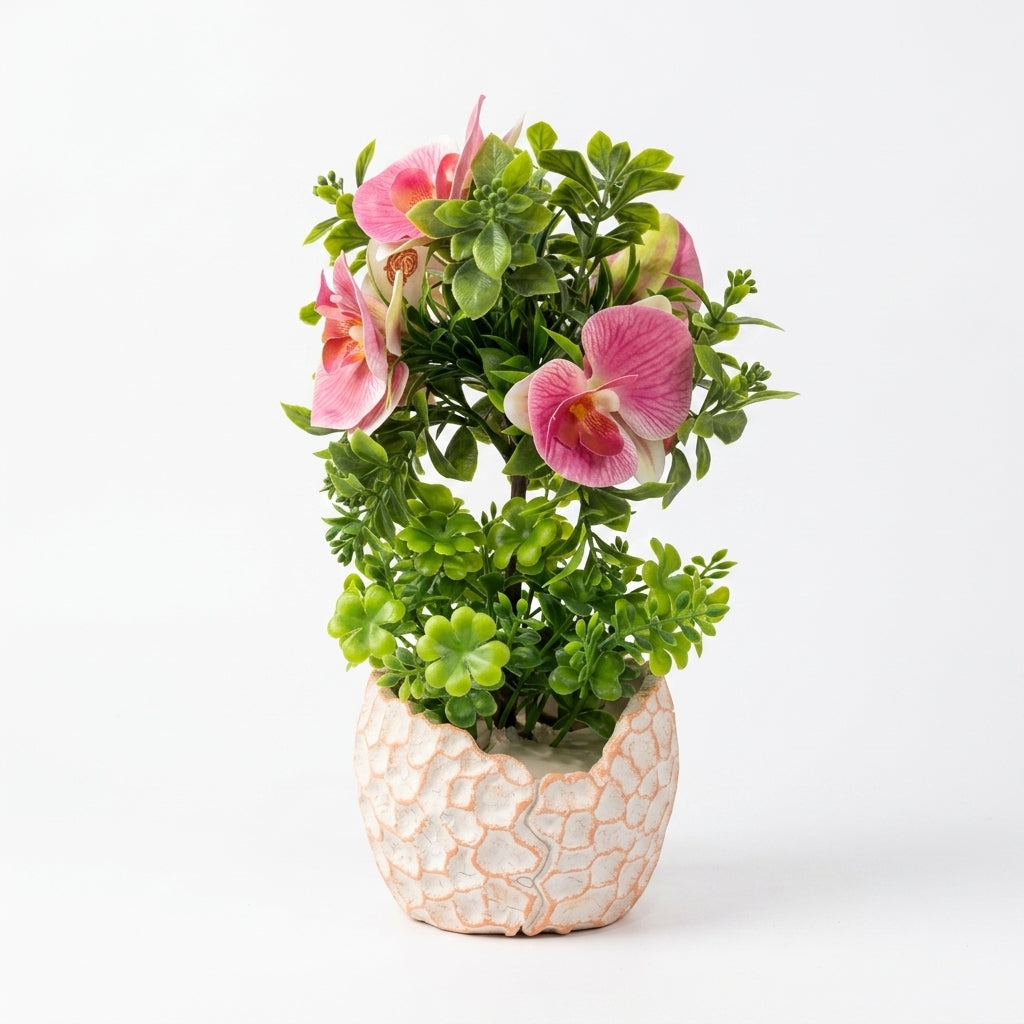 Pink & Green Artificial Flowers with Textured Chalk Pot - 30 cm