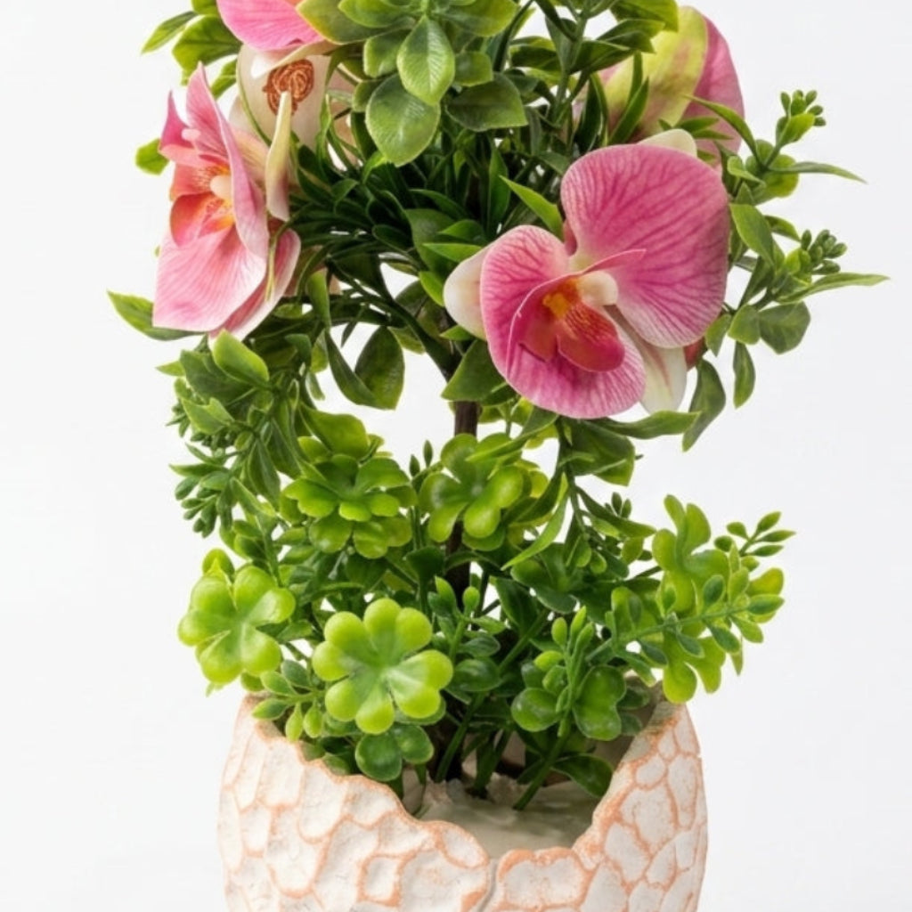 Pink & Green Artificial Flowers with Textured Chalk Pot - 30 cm