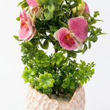 Pink & Green Artificial Flowers with Textured Chalk Pot - 30 cm