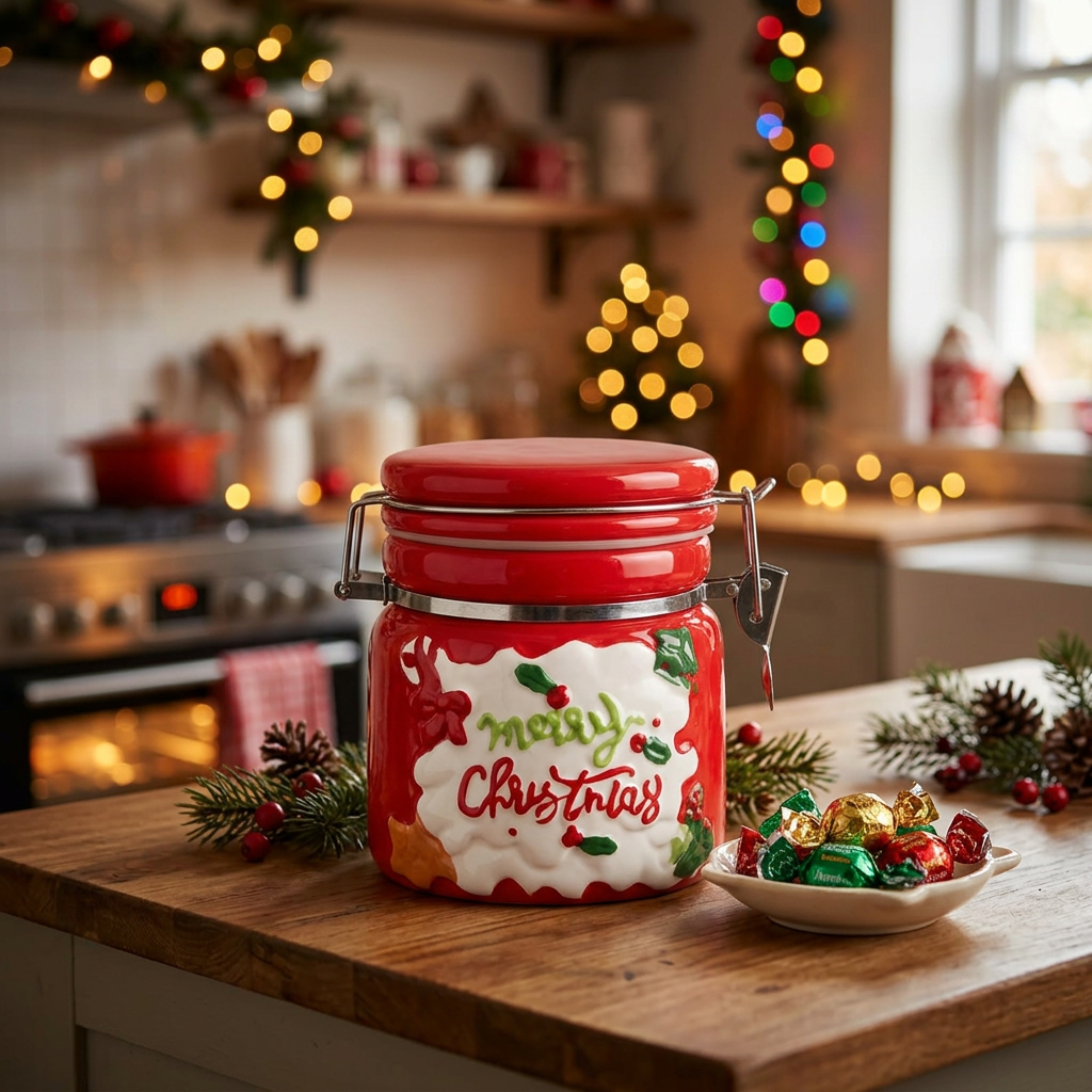 Ceramic Christmas Candy Jar with Lid - 600ml