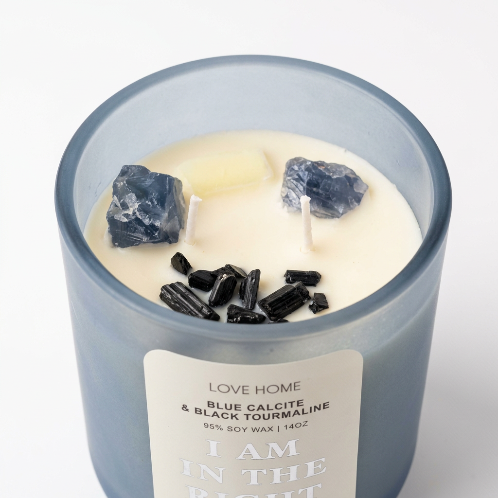 Love Home Blue Calcite & Black Tourmaline Scented Candle in Glass Jar – 14 oz