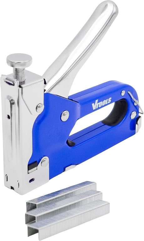 Vtools Manual Staple Gun With Adjustable Force and 300 14 mm U-Type Staples for Upholstery, Material Repair, Carpentry, Decoration, Furniture, DIY, Blue, VT2213
