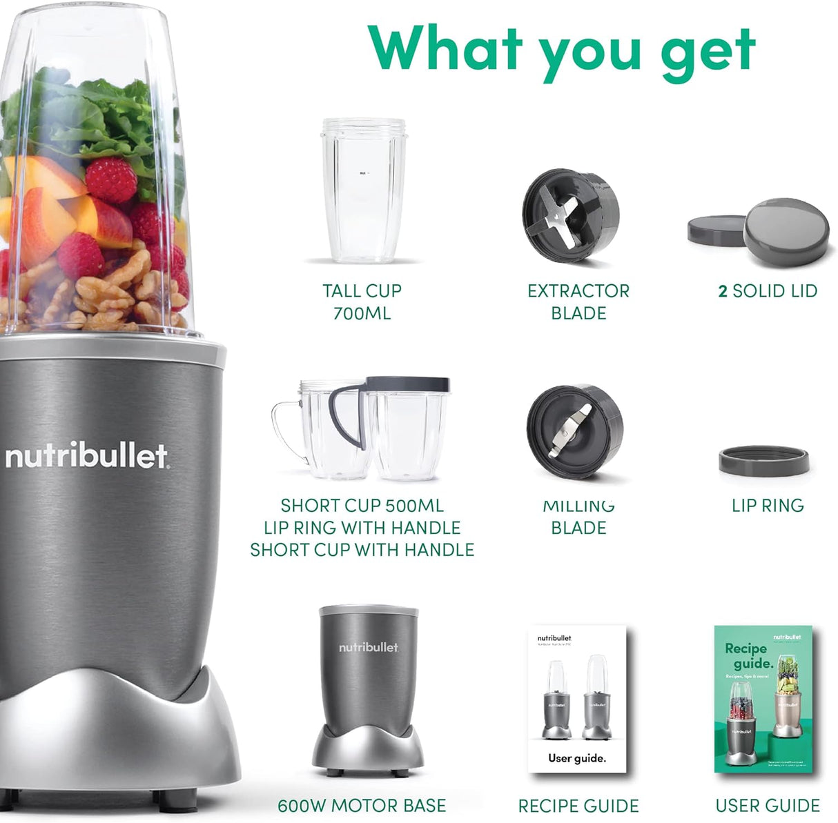 NutriBullet 600 Watts, 9pc Accessories, Multi-Function High Speed Blender, Mixer System With Nutrient Extractor, Smoothie Maker, Grey, NBR-1212M