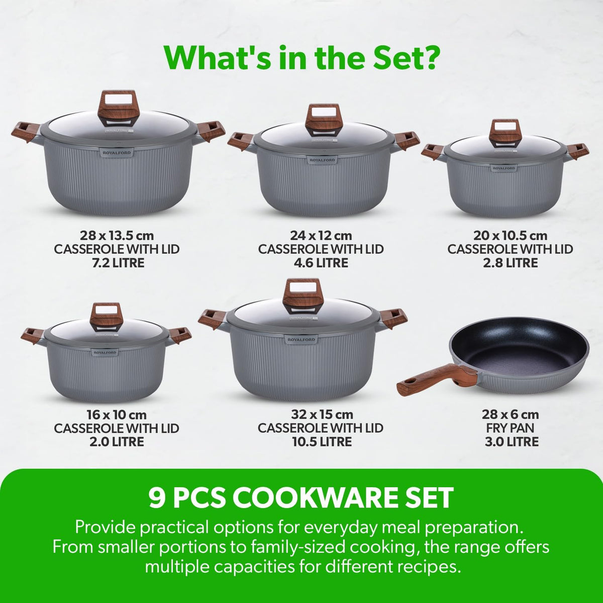 Royalford Mr. Chef 9-Piece Marble-Coated Die-Cast Aluminium Cookware Set – Grey, RF13259