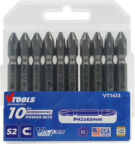 Vtools 10 Pieces PH2 Magnetic Screwdriver Bits Set 2/5 Inch, S2 Steel Precision Bits with Case, Ideal Tool for Repairing Car, Bicycle, Furniture, VT1413