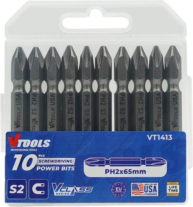 Vtools 10 Pieces PH2 Magnetic Screwdriver Bits Set 2/5 Inch, S2 Steel Precision Bits with Case, Ideal Tool for Repairing Car, Bicycle, Furniture, VT1413