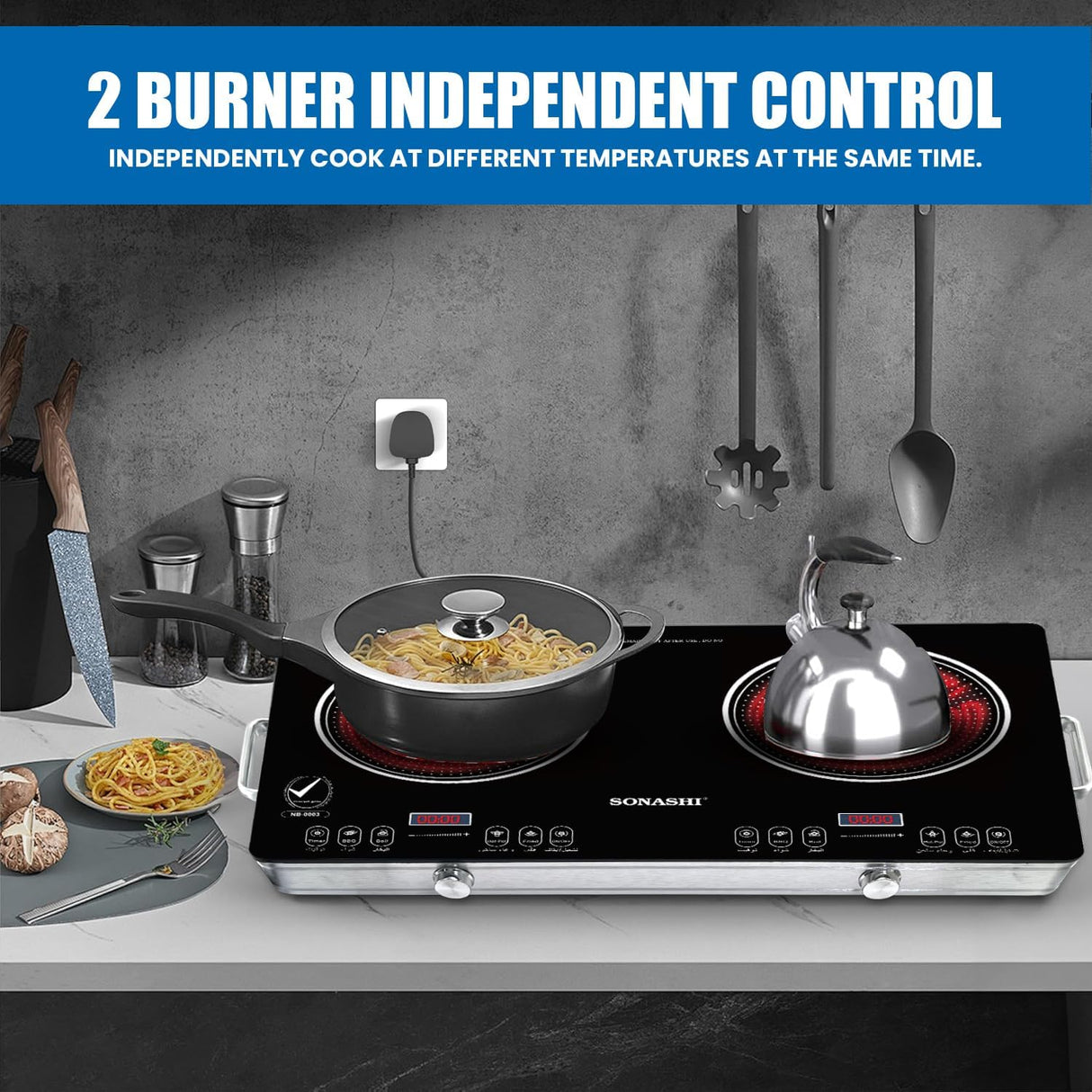 Sonashi Double Burner Infrared Cooker - 4 Digit LED Display | Multi-Stage Power Settings with Knob Control and Touch Control | Portable and Compact Infrared Cooker SIS-017C Black