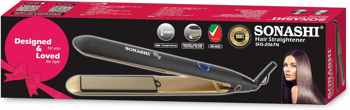Sonashi Hair Straightener with Ceramic Coating Plates and Max Temperature up to 200°C, Versatile Straightening with Plate Floating Function, PTC Heating, Hair Straightening Iron 35W SHS-2067N Black
