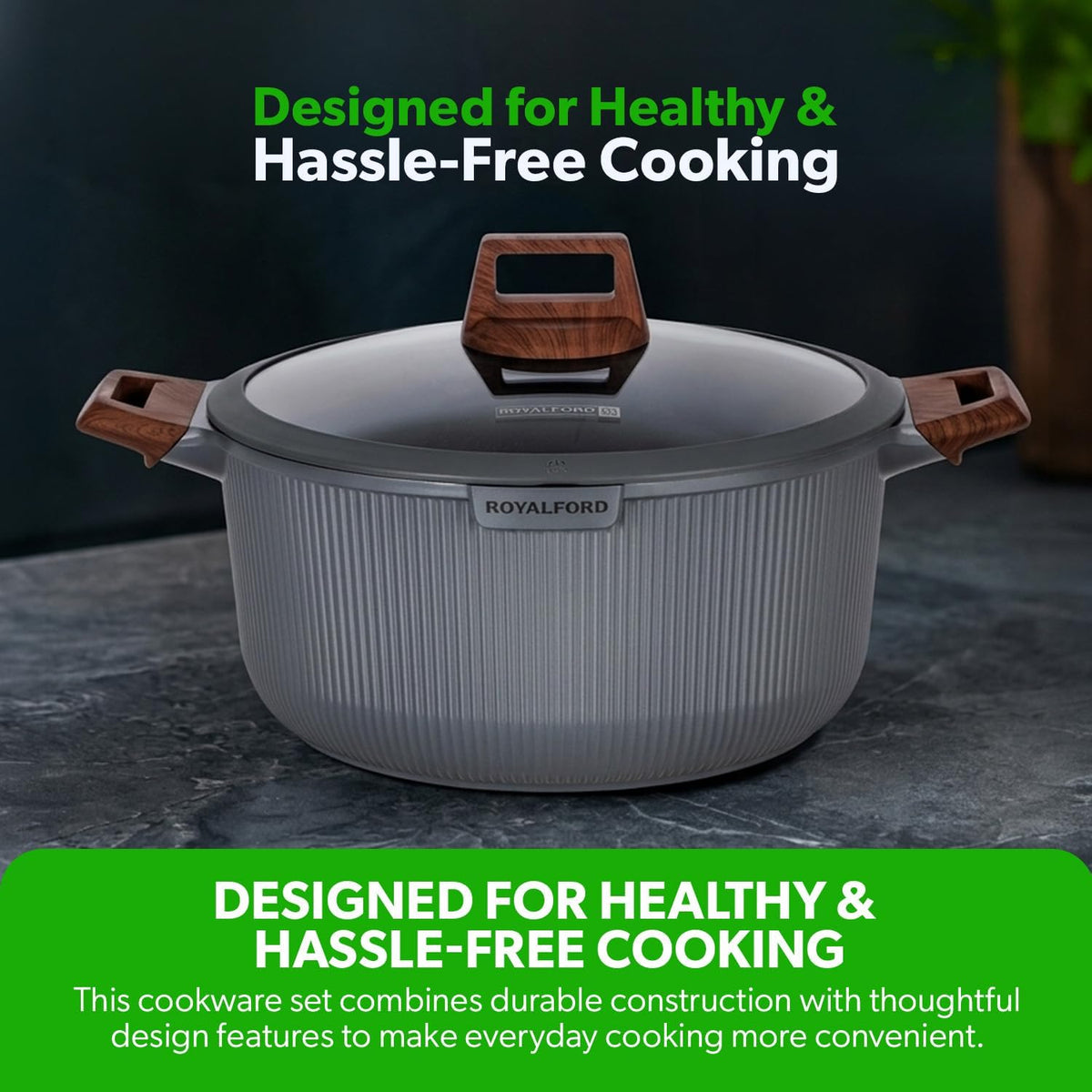 Royalford Mr. Chef 9-Piece Marble-Coated Die-Cast Aluminium Cookware Set – Grey, RF13259