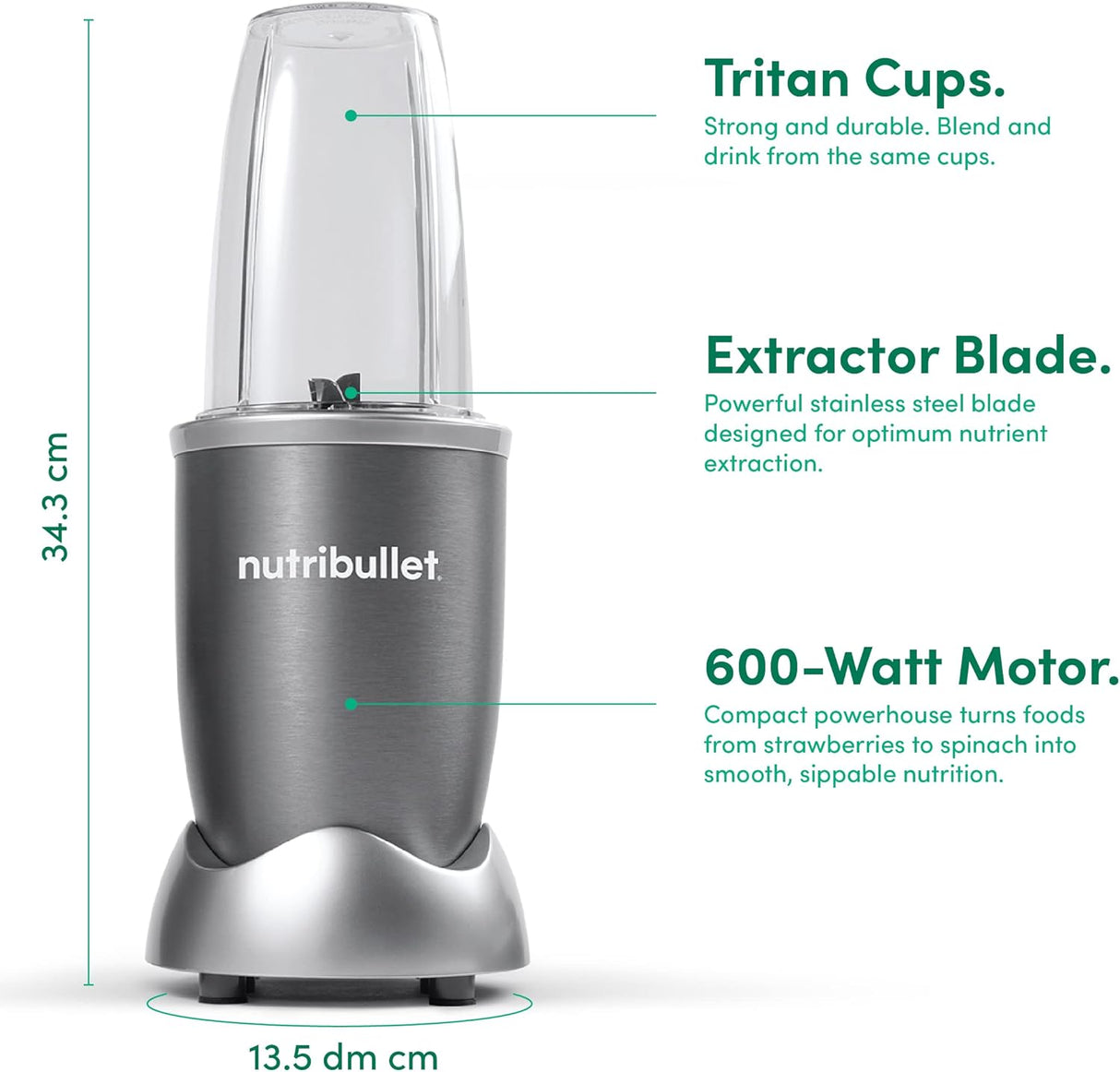 NutriBullet 600 Watts, 9pc Accessories, Multi-Function High Speed Blender, Mixer System With Nutrient Extractor, Smoothie Maker, Grey, NBR-1212M