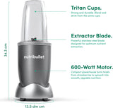 NutriBullet 600 Watts, 9pc Accessories, Multi-Function High Speed Blender, Mixer System With Nutrient Extractor, Smoothie Maker, Grey, NBR-1212M