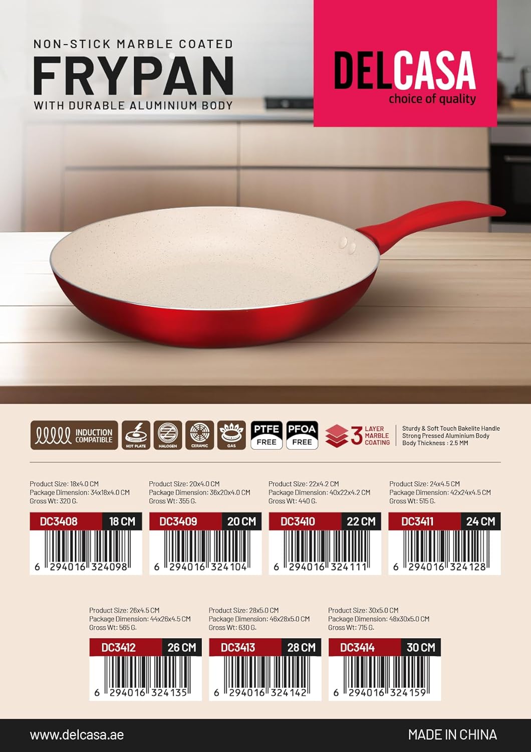 Delcasa DC3409 Non Stick Frypan, 20 cm Size, Off White/Red