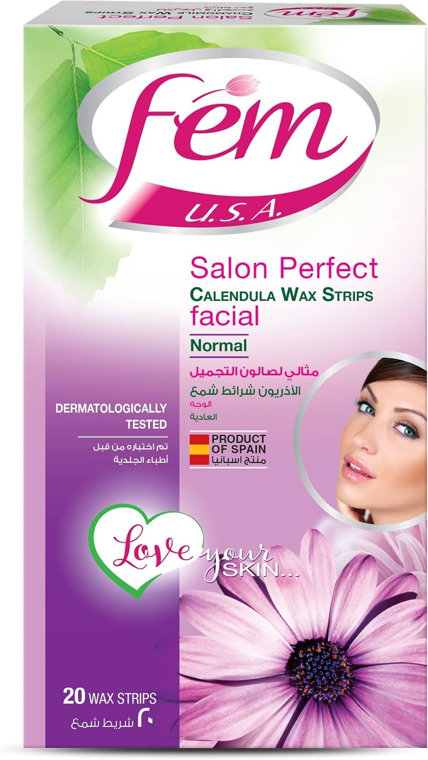 Fem Facial Wax Strips For Normal Skin With Free Post-Wax Skin Wipes - 20 Strips