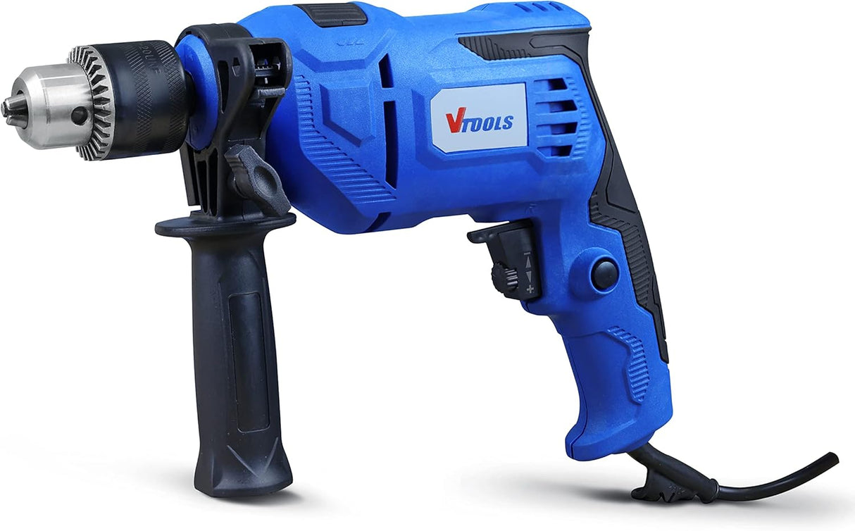 مثقاب كهربائي VTOOLS 650 واط متعدد الوظائف (مطرقة ومثقاب)، مقبض جانبي دوار 360 درجة، مسطرة توجيه، وسرعة متغيرة، أزرق، VT1206