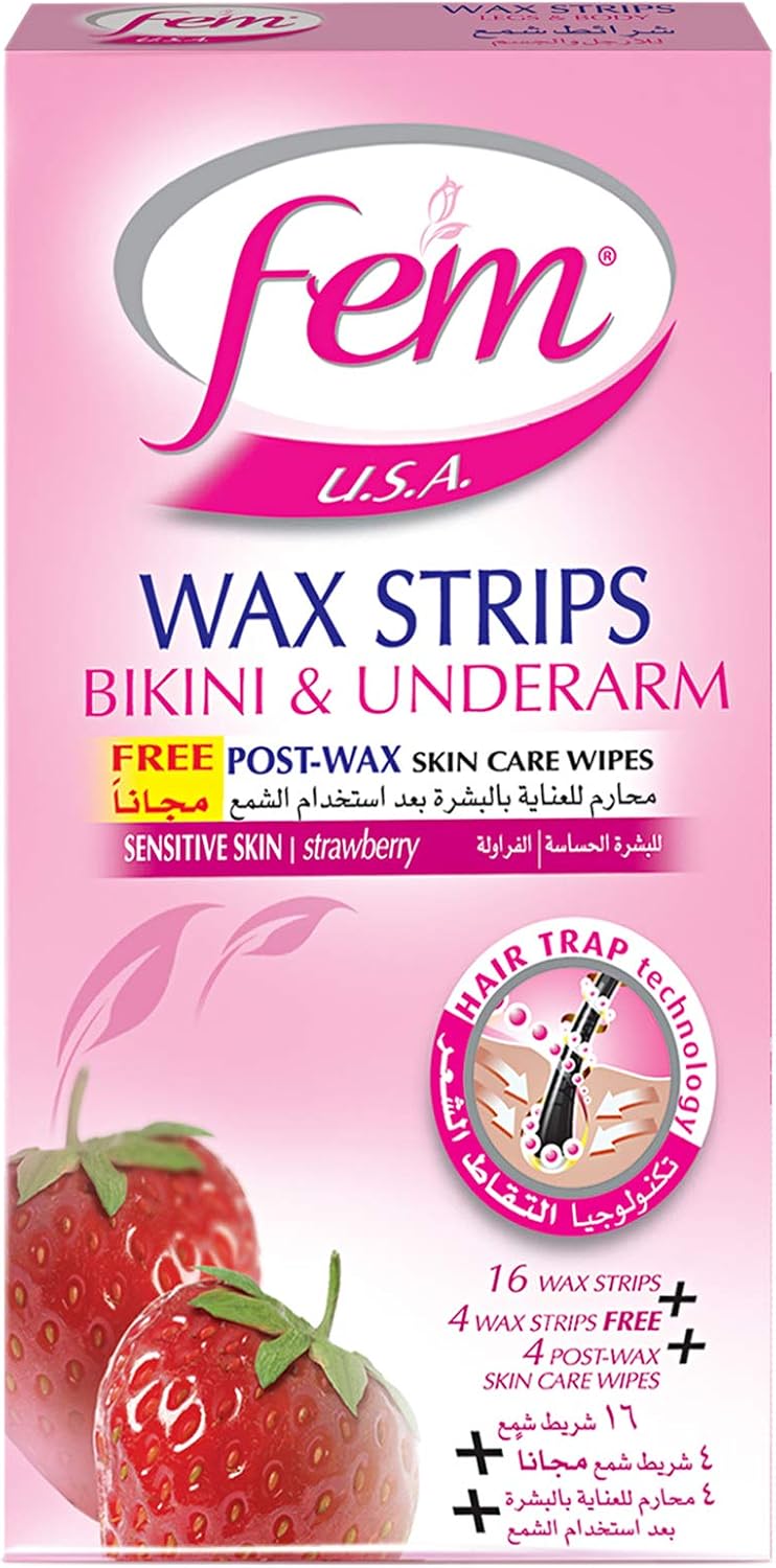 Fem Bikini Wax Strips For Sensitive Skin With Free Post-Wax Skin Wipes- 20 Strips