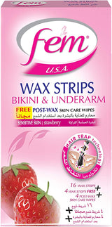 Fem Bikini Wax Strips For Sensitive Skin With Free Post-Wax Skin Wipes- 20 Strips