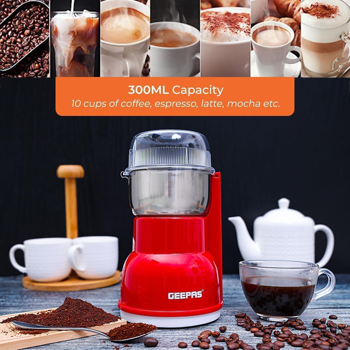 Geepas 150W Electric Coffee Grinder - Stainless Steel Blade |Stainless Steel Cup for Grinding, GCG5440 Overheat Protection | Removable Steel Bowl
