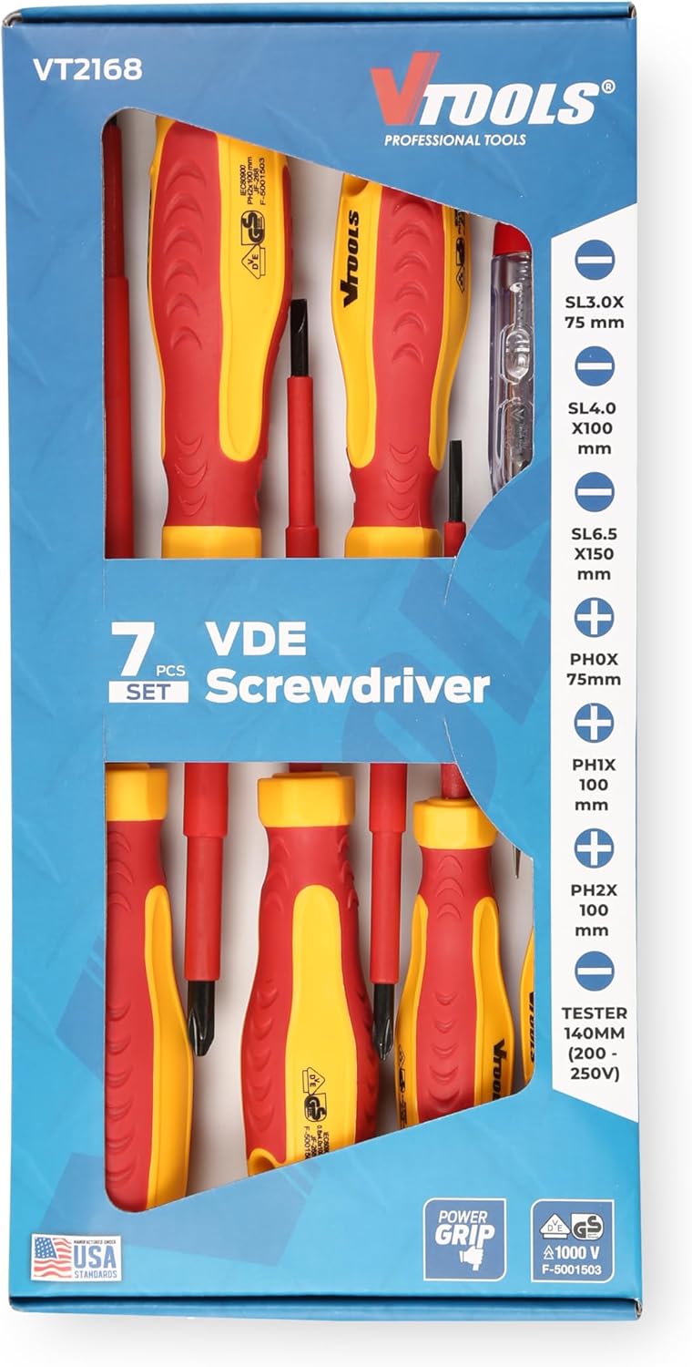 Vtools 7-Piece Insulated Screwdriver Set with Voltage Tester, VDE Certified 1000V, Magnetic, Professional, Cushion Grip, Ergonomic Handle, Flat & Phillips