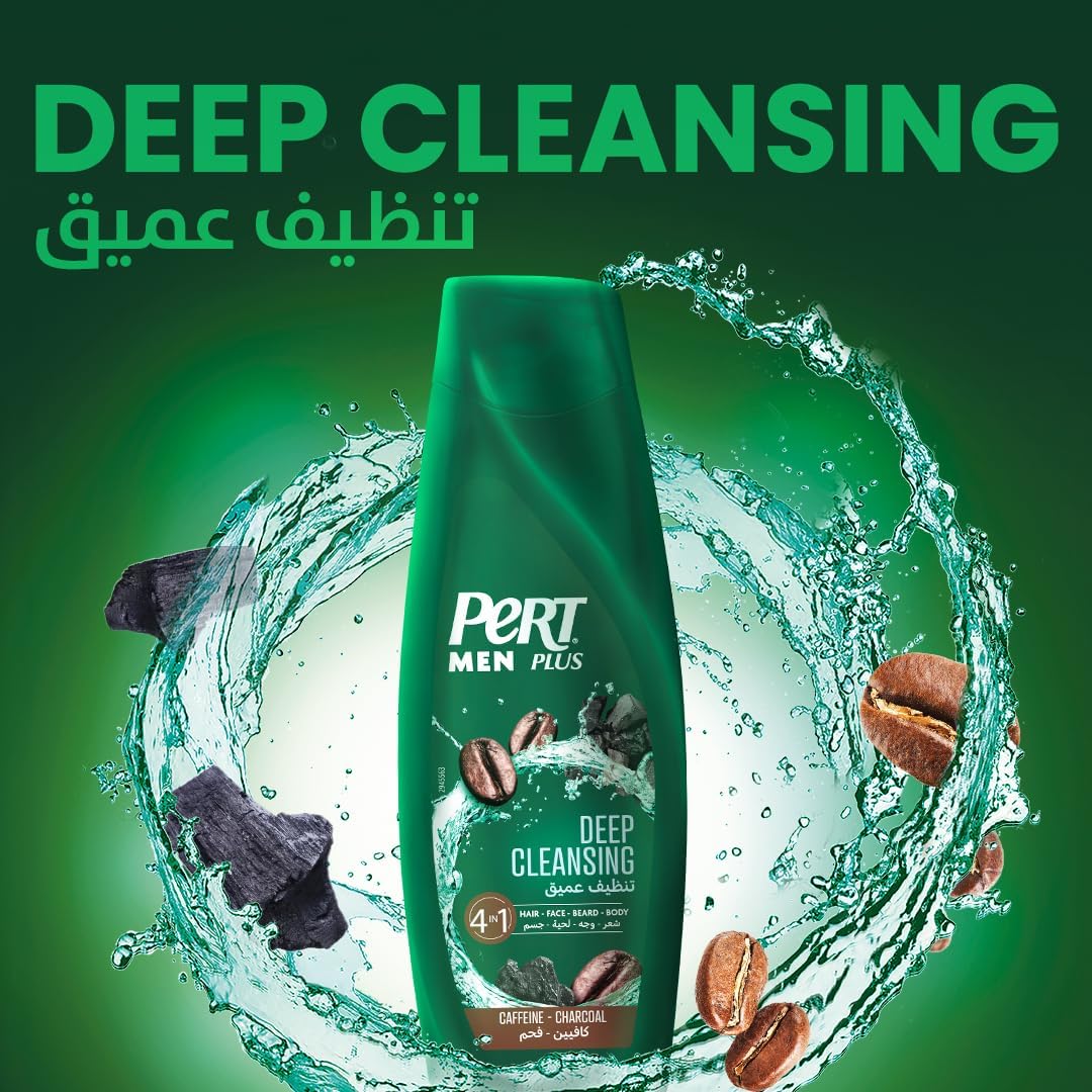 Pert Plus Men, Deep Clean Shampoo with Caffeine & Charcoal, 4in1 for Hair, Face, Beard and Body, 360ml